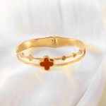 18K Gold Plated Elegant Red Clover Bangle